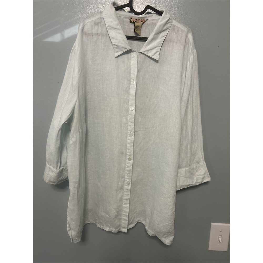 Lily Stanhope Woman Linen Button Up Shirt Top Blouse 2X Light Blue 3/4 Sleeve